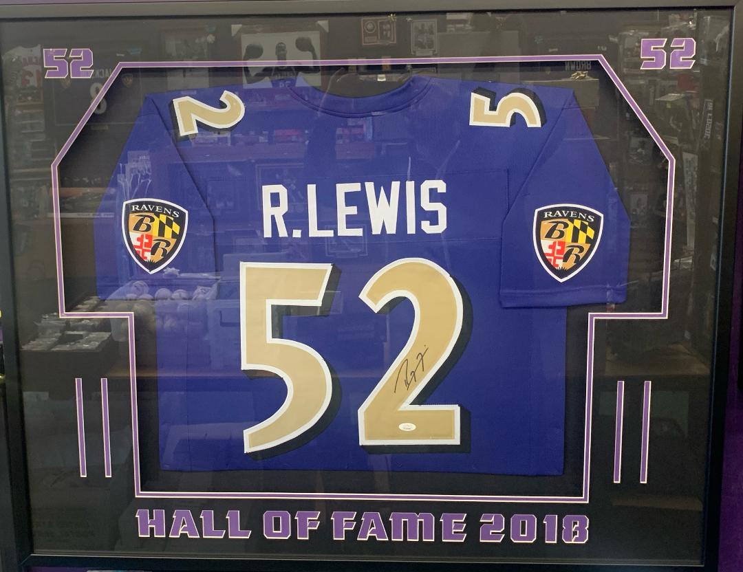 RAY LEWIS SIGNED RAVENS COLOR RUSH JERSEY CUSTOM FRAMED