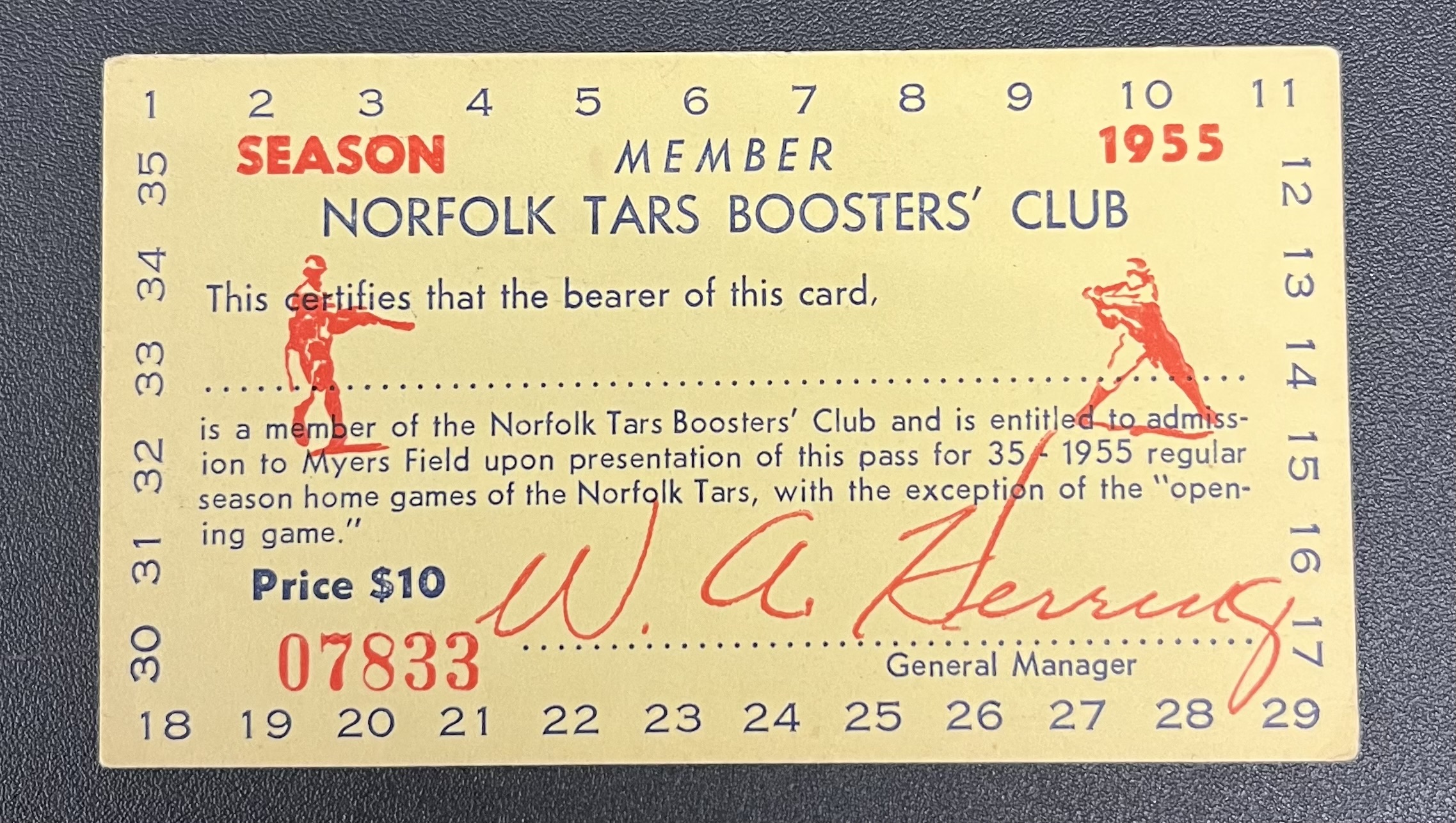 1955 Norfolk Tars Boosters Member Club Card