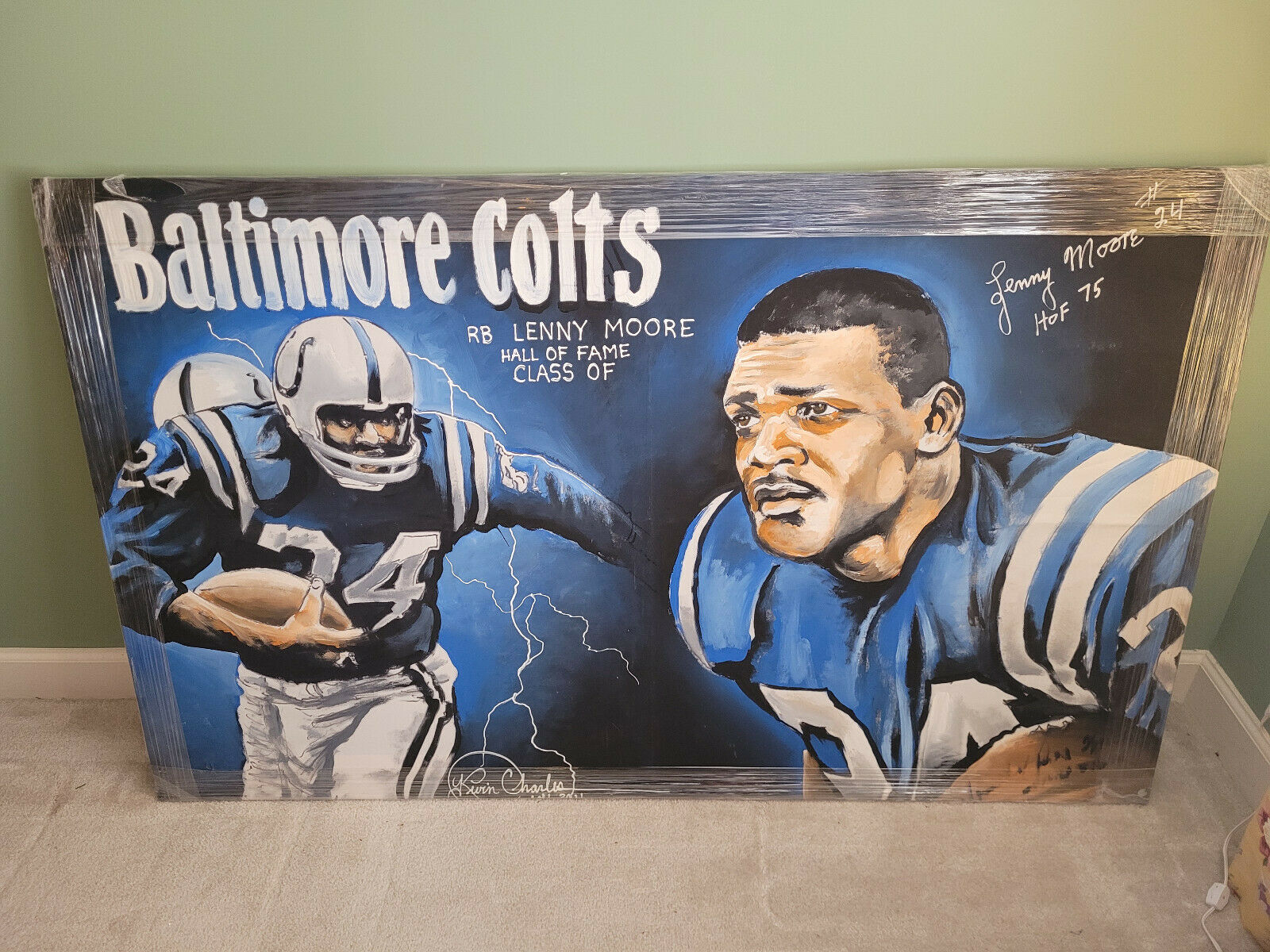 Baltimore Colts Lenny Moore HOF Signed JSA Artist Portrait  by Kevin Charles