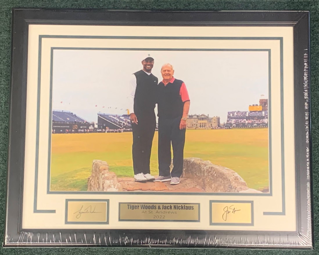 TIGER WOODS & JACK NICKLAUS AT ST ANDREWS SWILCAN BRIDGE 2022 W/ LASER ENGRAVED SIGNATURES