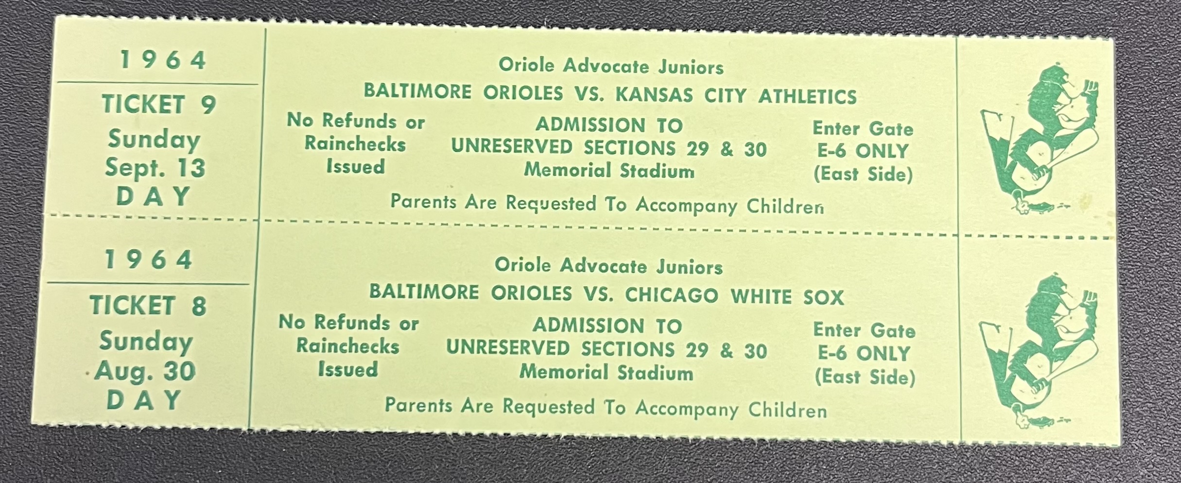 1964 JR Orioles Tickets Sept. 13th & Aug. 30th