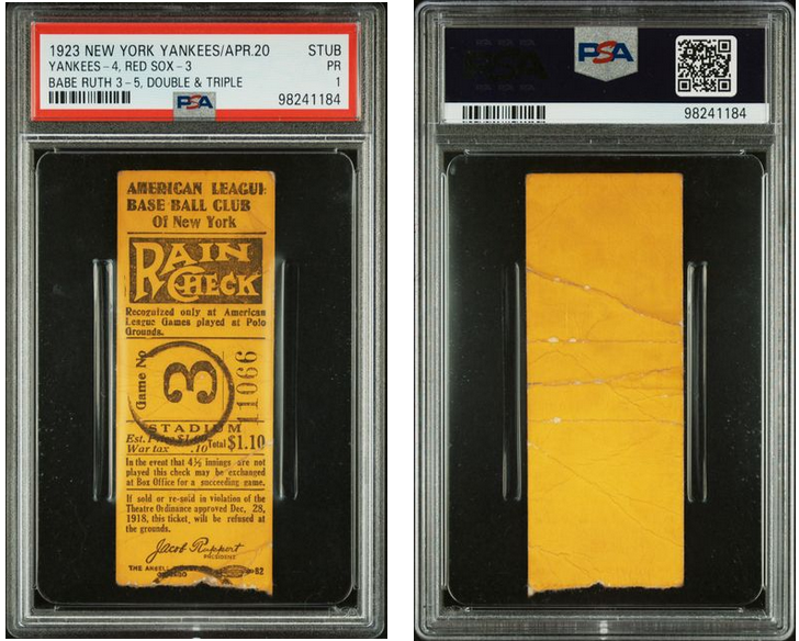 1923 NEW YORK YANKEES-STUB #STUB YANKEES-4, RED SOX-3 BABE RUTH 3-5, DOUBLE & TRIPLE