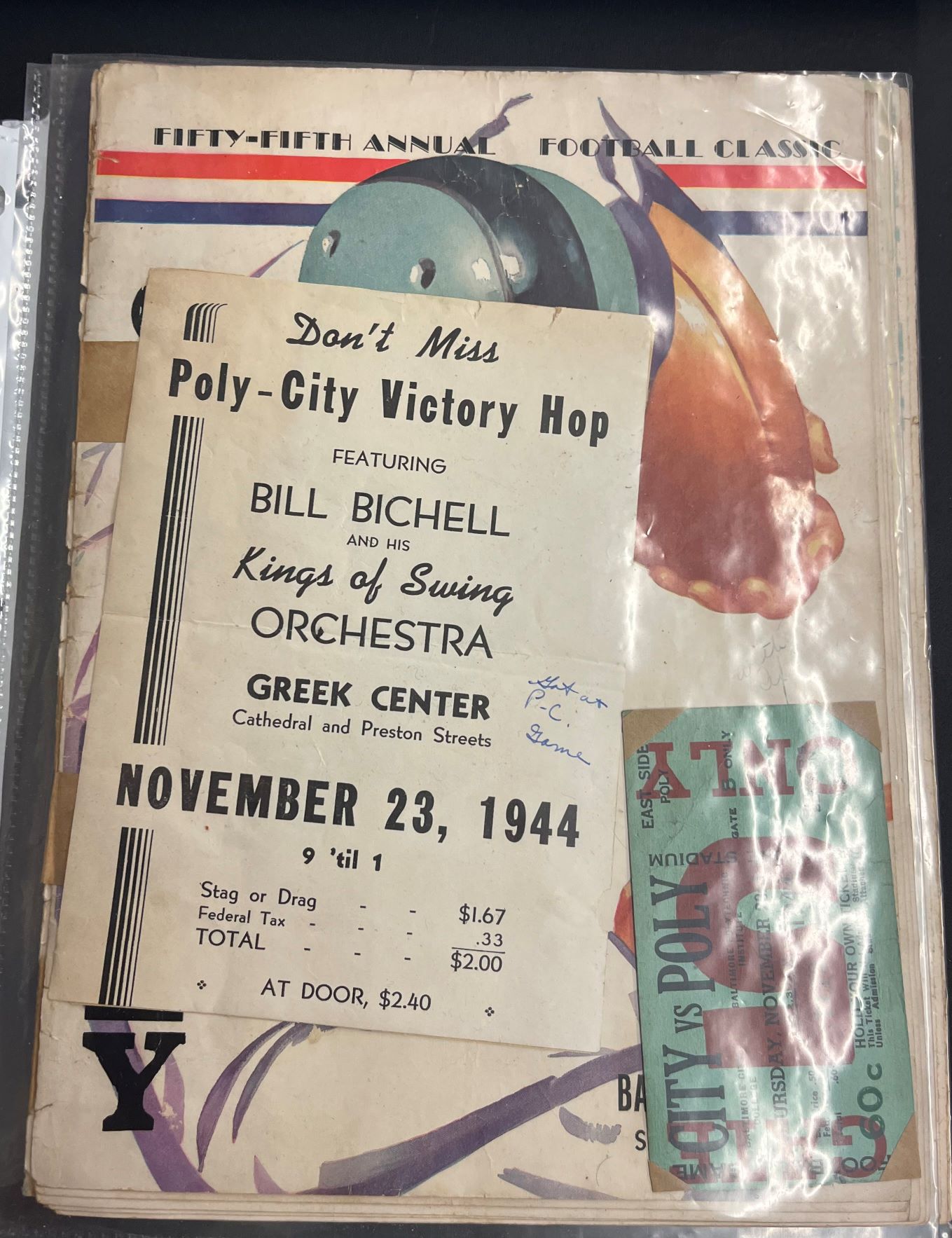 1944 City Poly Game Program With Ticket And Hop Party Dance Flyer