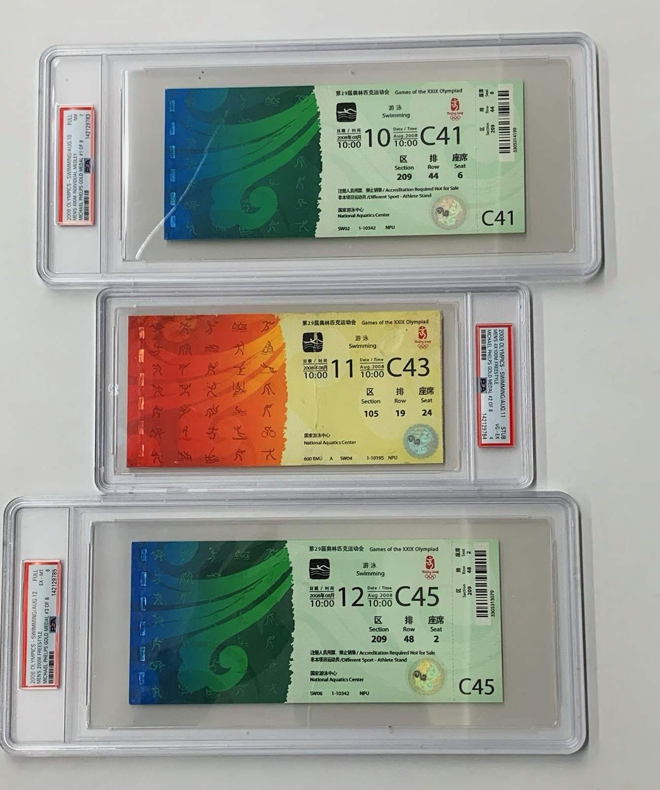 2008 Beijing Olympics Michael Phelps Record 8 Gold Medal Complete PSA Ticket set
