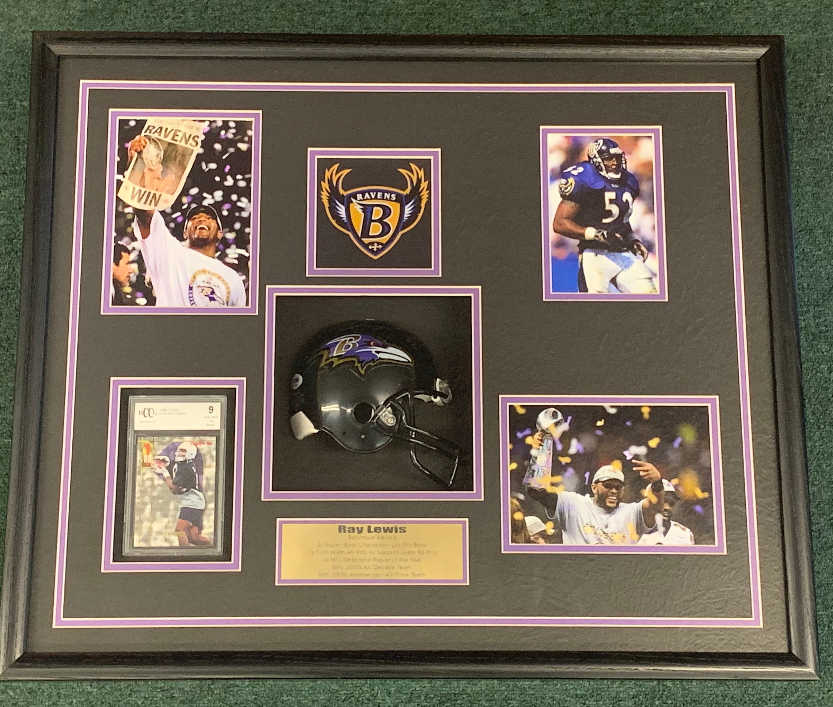 RAY LEWIS SIGNED MINI HELMET SHADOWBOX W/ GRADED ROOKIE CARD (PSA) & (BCCG)