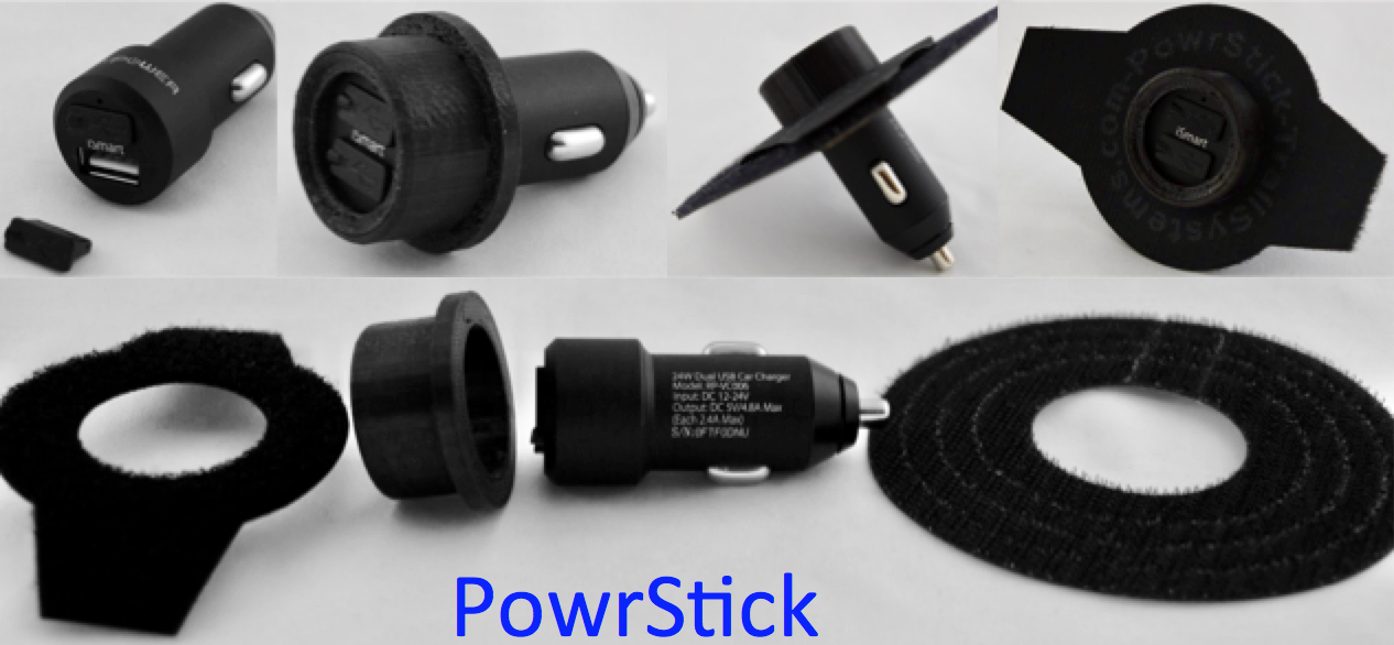 PowrStick aluminum alloy dual USB charger with thermal collar, velcro strap and port plugs