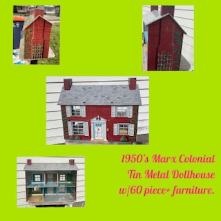 1950’s Marx Colonial Tin Metal Dollhouse metal dollhouse, w/60 piece+ furniture