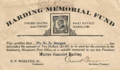 Harding Memorial Fund Certificate