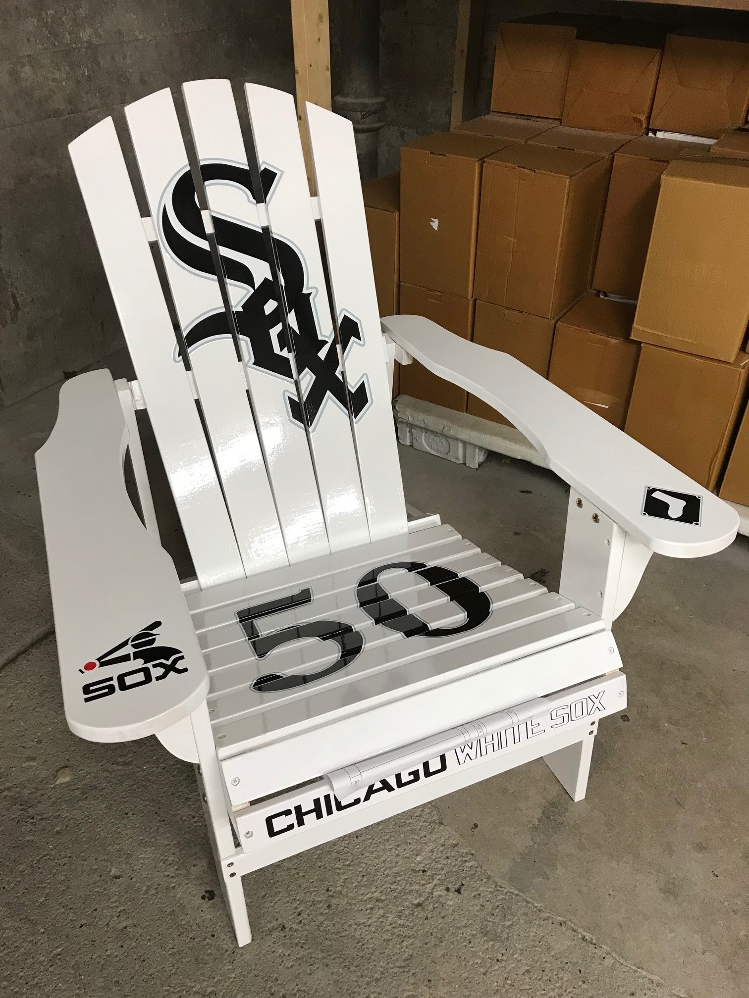 Custom White Sox (this was a customer request) Baseball Outdoor Wood Adirondack Laminated Decal Lounge Chair