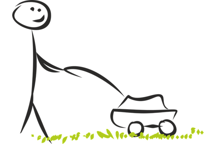 cartoon man mowing a lawn with a push mower