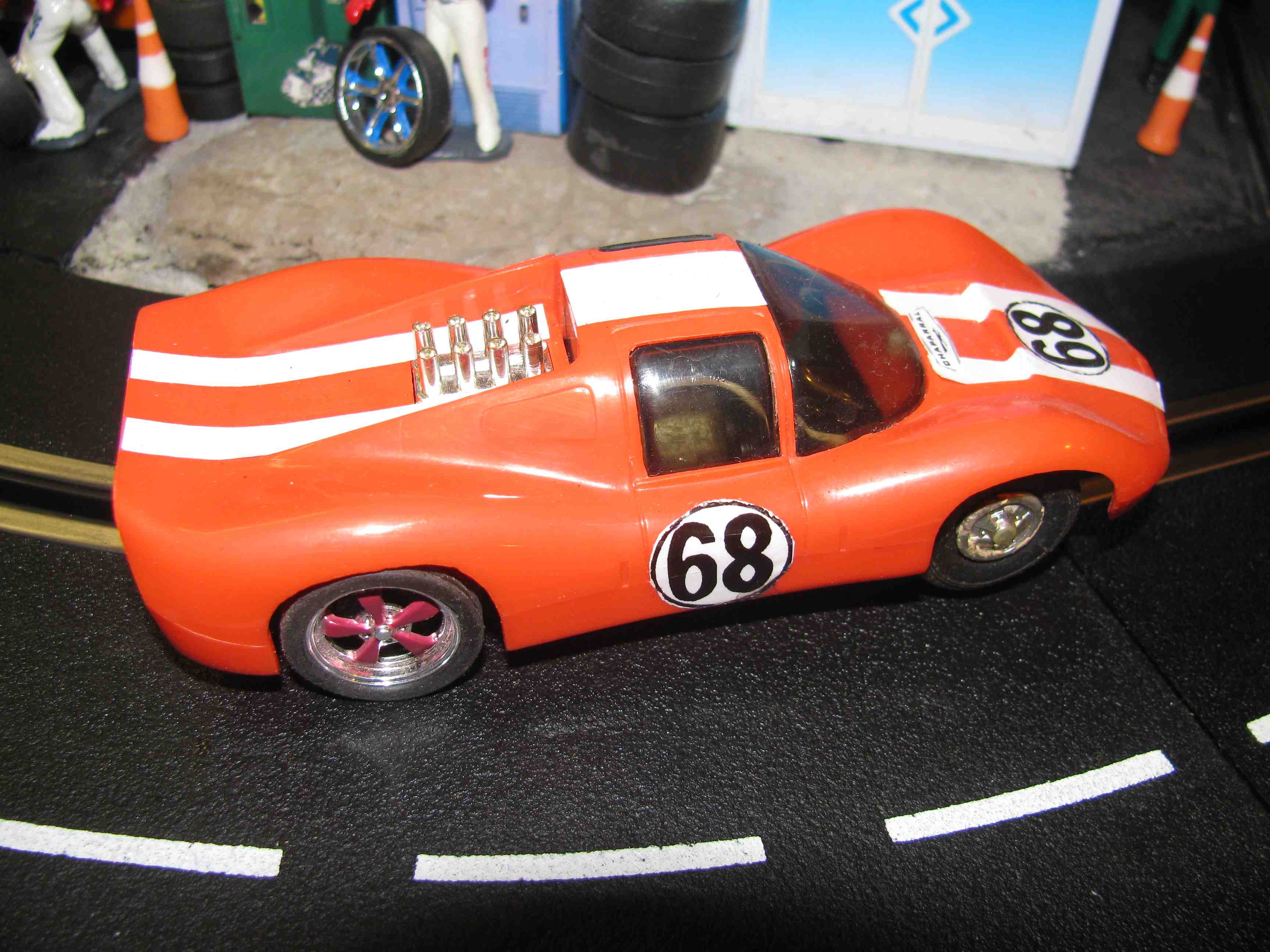 * SOLD * Eldon Chaparral Slot Car – Orange – Body #1350-11 - Car#68 – 1/32 Scale