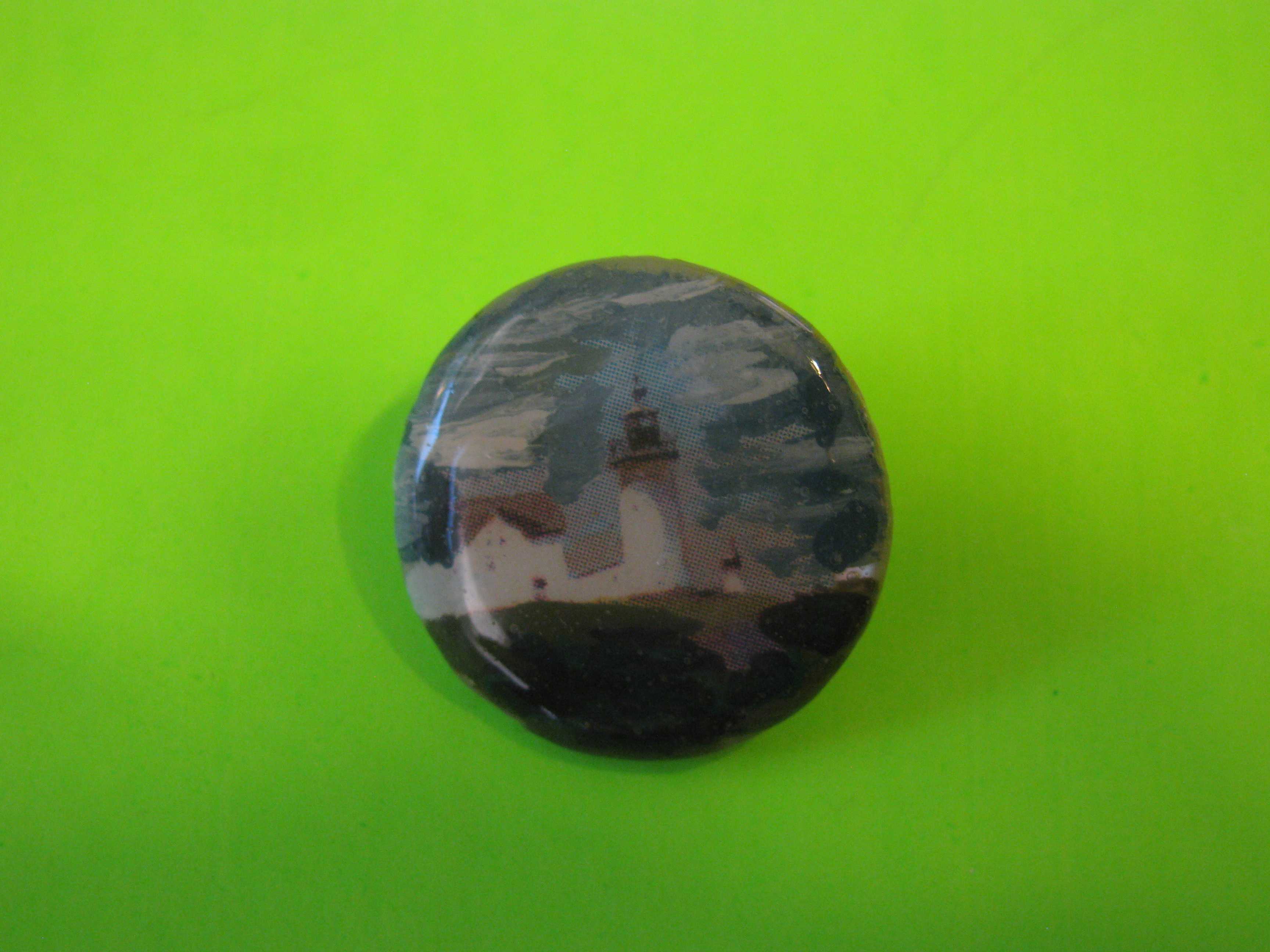 Lighthouse - Vintage Mother of Pearl Button with Painted Lighthouse & Brass Loop Shank