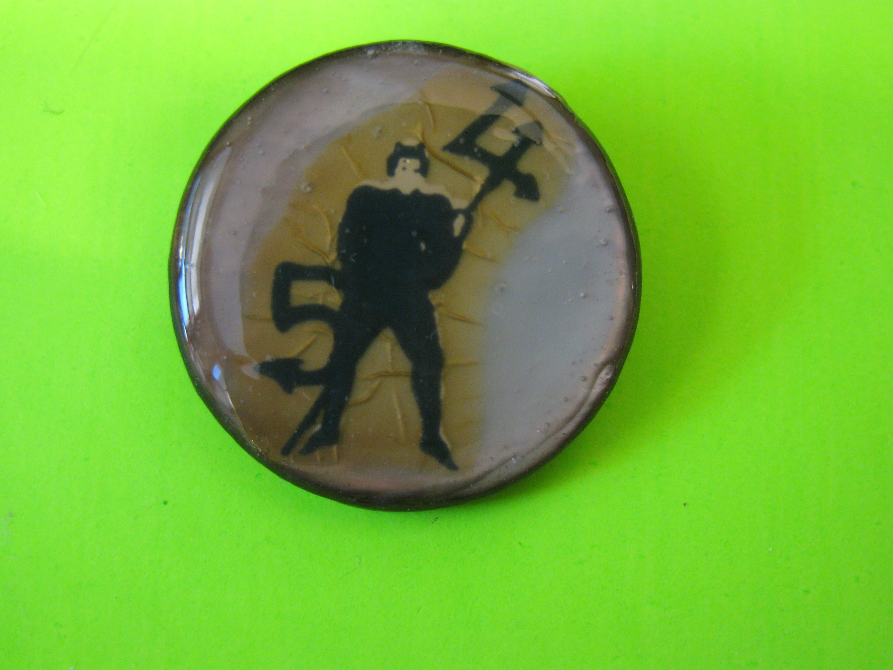 Devil with Studio 54 Pitchfork on Mother of Pearl Button with Brass Loop Shank